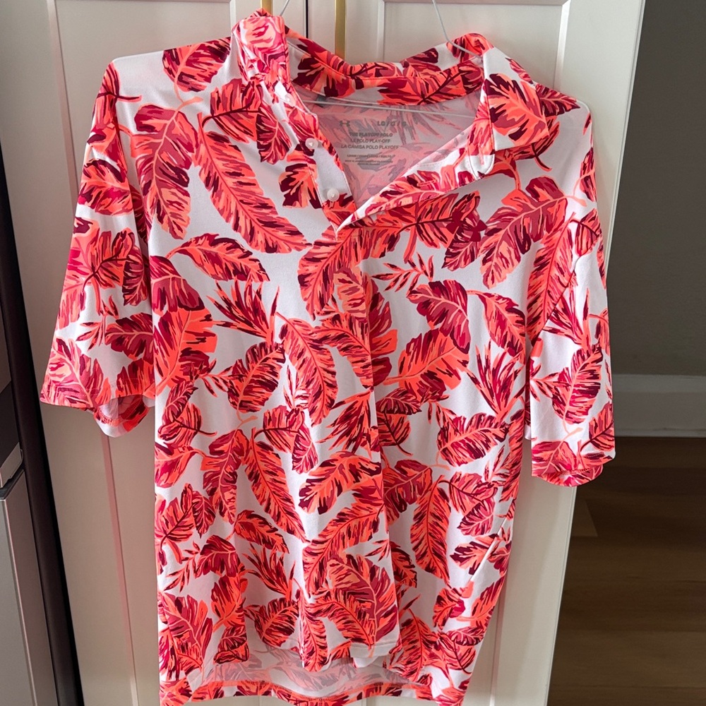 Under Armour Tropical Leaf Print Polo Shirt - White with Coral & Pink Leaves
